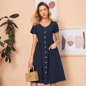 SHEIN Blue Dress with Brown Buttons & Pockets | Women’s Size 2XL